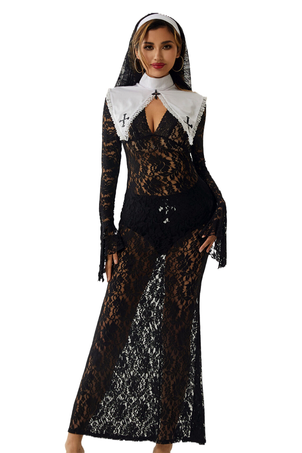Gothic Nun Costume Black Lace Long Sleeve Maxi Length Dress with White Collar